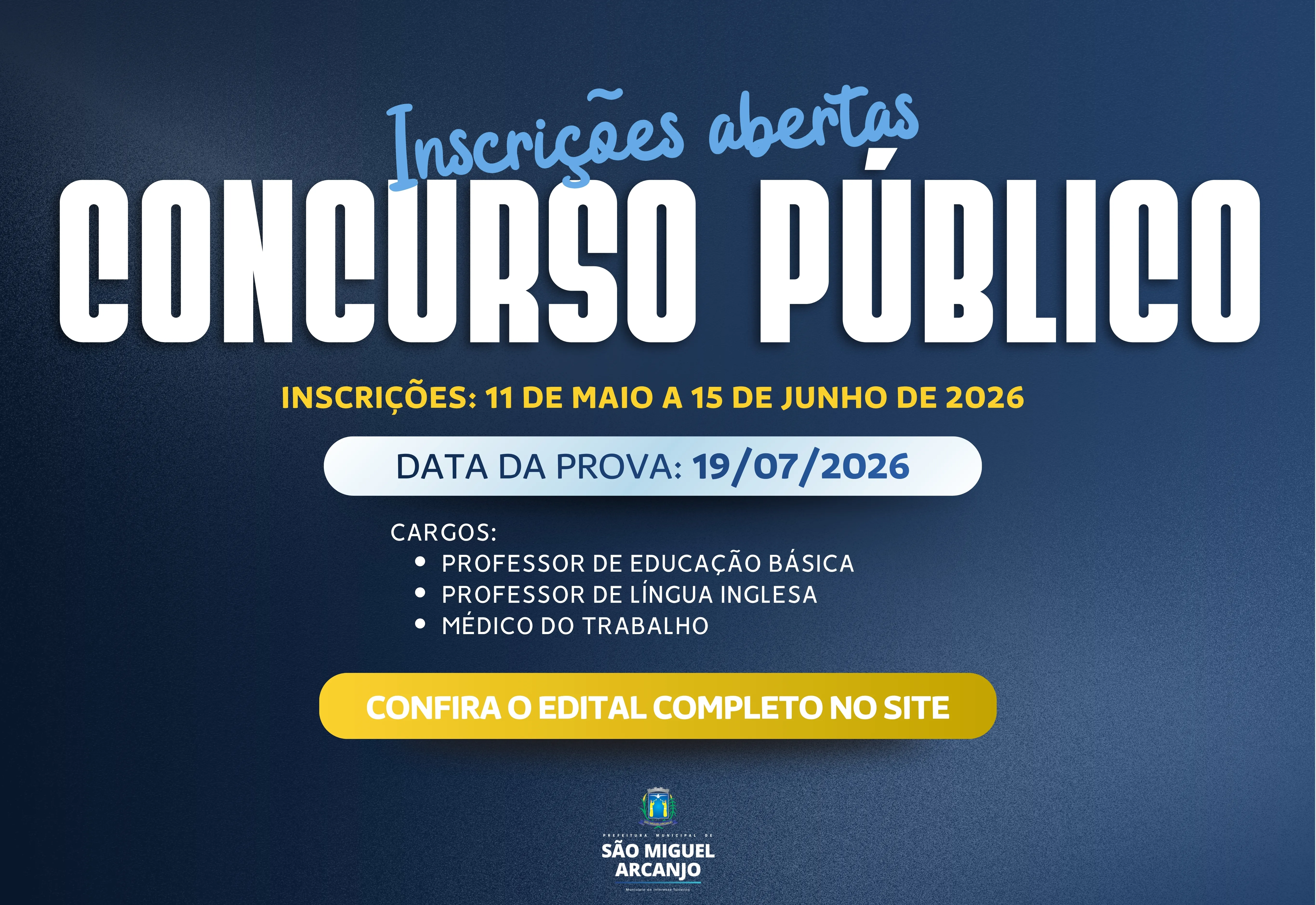 INSCRIÇÕES ABERTAS PARA O CONCURSO PÚBLICO 01/2026 EM SÃO MIGUEL ARCANJO